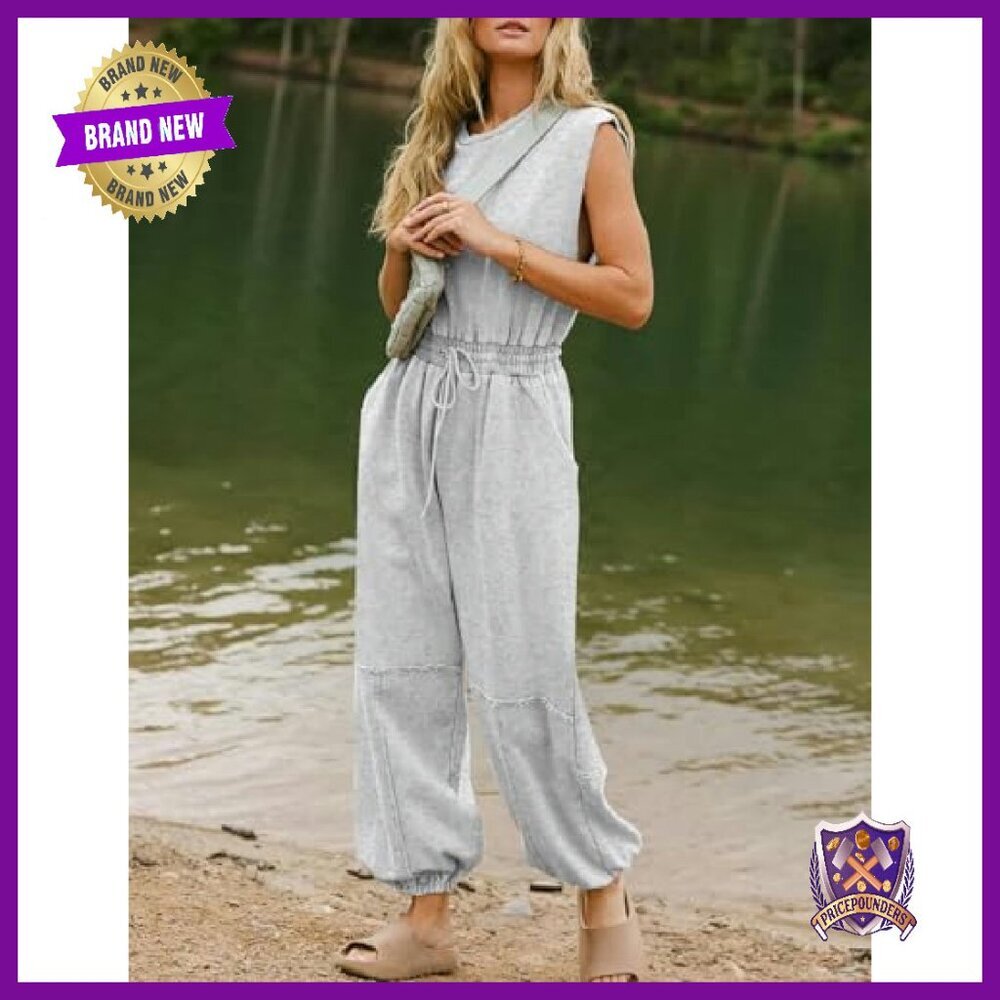 Women's Casual Jumpsuit Crewneck Cap Sleeve Wide Leg Drawstring Pockets - Picture 4 of 8